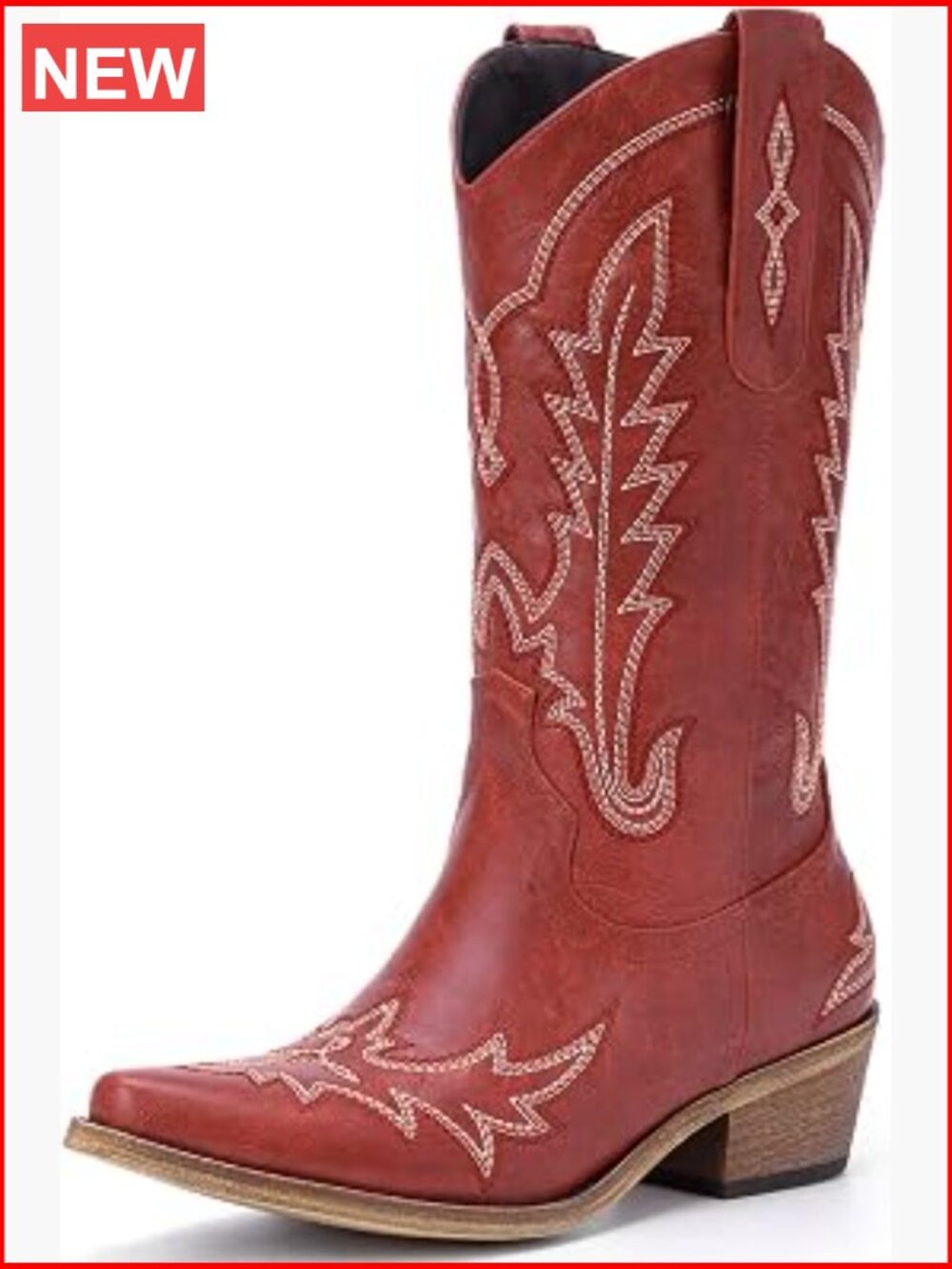 Vintage Western Mid Calf Cowboy Boots Chunky Heel Pointed Toe Pull-on